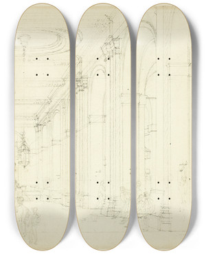 Triptych art skateboard deck of Augustus Charles Pugin Study For Kings Mews Charing Cross From Microcosm Of London by Augustus Charles Pugin (1762-1832)