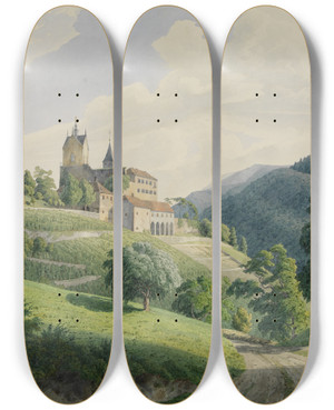 Triptych art skateboard deck of Carl Ludwig Frommel Blick Auf Schlo Eberstein by Carl Ludwig Frommel (1789-1863)