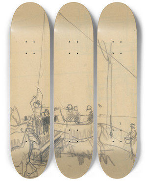 Triptych art skateboard deck of Vilmos Abanovk Skica K Napjaniu Krv I by Vilmos Aba Novak (1894-1942)