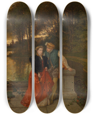 Triptych art skateboard deck of Joseph Lies Lovers In The Park by Joseph Lies (1821-1865)