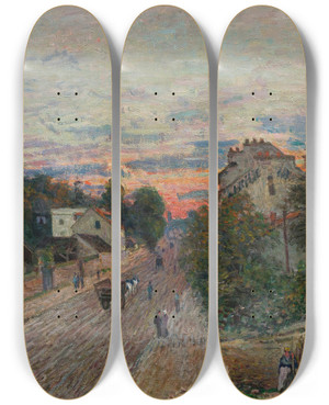 Triptych art skateboard deck of Alfred Sisley Coucher De Soleil La Route De Versailles Chavilles by Alfred Sisley (1840-1899)