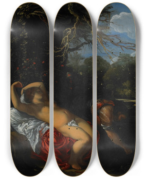 Triptych art skateboard deck of Adam Elsheimer Apollo And Coronis by Adam Elsheimer (1578-1610)