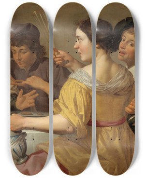 Triptych art skateboard deck of Jan Van Bijlert Pulling Of The Pretzel by Jan Van Bijlert (1597-1671)