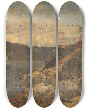 Triptych art skateboard deck of Georg Anton Rasmussen Ship In Rocky Fjord by Georg Anton Rasmussen (1842-1914)