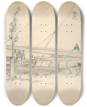 Triptych art skateboard deck of Adolf Le Comte Achtersteven Van Een Zeilboot_1 by Adolf Le Comte (1850-1921)