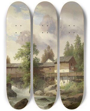 Triptych art skateboard deck of Carl Hasch Landschaft Mit Sgemhle by Carl Hasch (1834-1897)