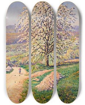 Triptych art skateboard deck of Gustave Cariot Les Pommiers En Fleur by Gustave Cariot (1872-1950)