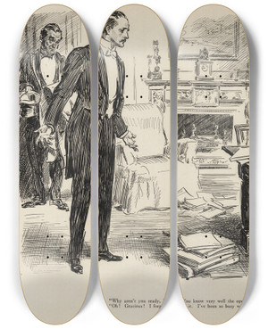 Triptych art skateboard deck of Charles Dana Gibson Why Arent You Ready Isabel by Charles Dana Gibson (1867-1944)
