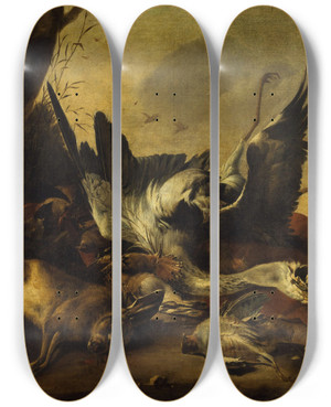 Triptych art skateboard deck of Jan Baptist Weenix Etalage De Gibier Mort by Jan Baptist Weenix (1621-1660)