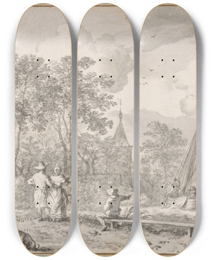 Triptych art skateboard deck of Allaert Van Everdingen Landscape With Elegant Figures By A River With Boats To The Right And A Town Behind Trees Beyond by Allaert Van Everdingen (1621-1675)
