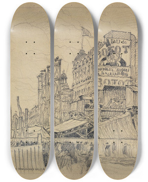 Triptych art skateboard deck of Ferdinand Boberg Le Percement Du Boulevard Haussmann by Ferdinand Boberg (1860-1946)