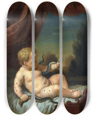 Triptych art skateboard deck of Pieter Van Der Werff The Infant Hercules With A Serpent by Pieter Van Der Werff (1665-1722)
