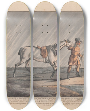 Triptych art skateboard deck of Henry Thomas Alken Hunting Discoveries At Length Perceive A Light Which You Discover by Henry Thomas Alken (1785-1851)