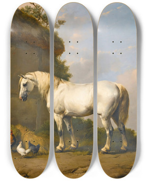 Triptych art skateboard deck of Eugne Joseph Verboeckhoven At The Stable Door by Eugene Joseph Verboeckhoven (1798-1881)