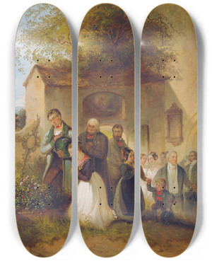 Triptych art skateboard deck of Friedrich Johann Treml Am Friedhof Die Braut Am Grabe by Friedrich Johann Treml (1816-1852)