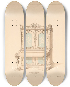 Triptych art skateboard deck of Robert William Hume Design For Cabinet Pianoforte Arabesque Style by Robert William Hume (1816-1904)