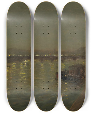 Triptych art skateboard deck of Franoischarles Cachoud Lights On The Saint Pres Bridge Paris by Franois-Charles Cachoud (1866-1943)