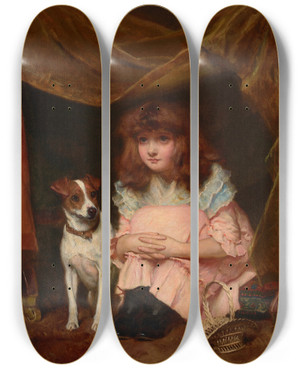 Triptych art skateboard deck of Charles Burton Barber A Cubby House by Charles Burton Barber (1845-1894)