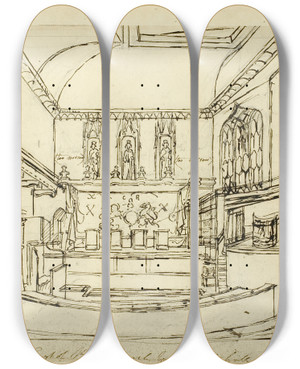 Triptych art skateboard deck of Augustus Charles Pugin Study For Court Of Kings Bench Westminster Hall From Microcosm Of London by Augustus Charles Pugin (1762-1832)