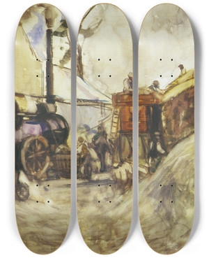 Triptych art skateboard deck of Frances Hodgkins Threshing In The Cotswolds by Frances Hodgkins (1869-1947)