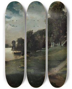 Triptych art skateboard deck of Albert Edelfelt Villa At Haikko In The Moonlight by Albert Edelfelt (1854-1905)