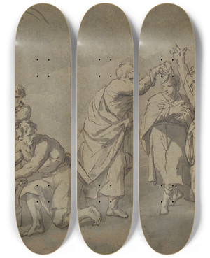 Triptych art skateboard deck of John Michael Rysbrack The Return Of Joseph by John Michael Rysbrack (1694-1770)