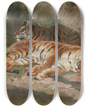 Triptych art skateboard deck of Rosa Bonheur Two Recumbent Tigers by Rosa Bonheur (1822-1899)