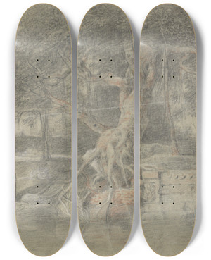 Triptych art skateboard deck of Johan Joseph Zoffany A Dying Hindu Brought To The River Ganges by Johan Joseph Zoffany (1733-1810)