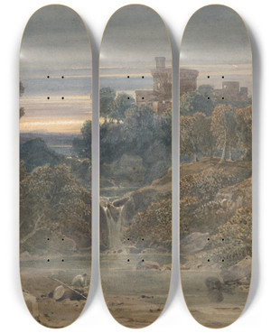 Triptych art skateboard deck of Francis Oliver Finch Landscape With Castle Waterfall And Stream In Foreground by Francis Oliver Finch (1802-1862)