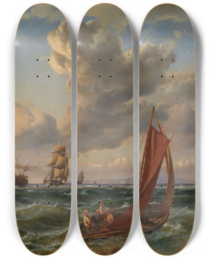 Triptych art skateboard deck of Carl Frederik Srensen Parti Fra Resund Med Kronborg by Carl Frederik Sorensen (1818-1879)