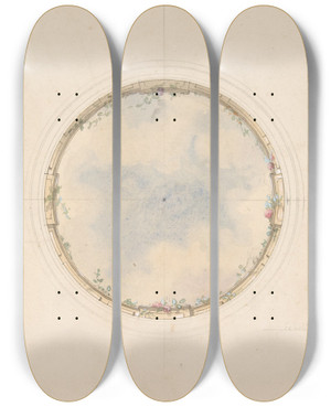 Triptych art skateboard deck of Julesedmondcharles Lachaise A Circular Ceiling Design With Clouds And Roses by Jules-Edmond-Charles Lachaise (1897)