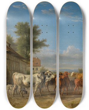 Triptych art skateboard deck of Carl Kuntz Ausziehende Herde by Carl Kuntz (1770-1830)
