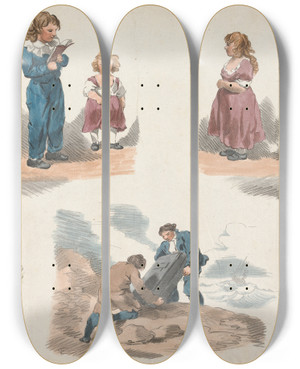 Triptych art skateboard deck of George Morland Studies Of Children A Dog A Cat Etc by George Morland (1763-1804)