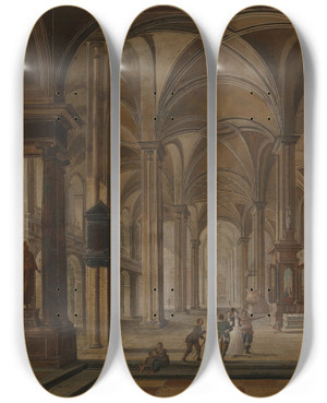 Triptych art skateboard deck of Christian Stcklin Kircheninterieur Mit Eleganten Personen by Christian Stocklin (1741-1795)