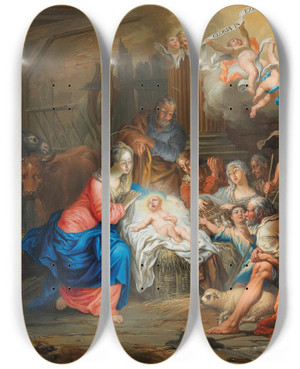 Triptych art skateboard deck of Franz Christoph Janneck The Adoration Of The Shepherds by Franz Christoph Janneck (1703-1761)
