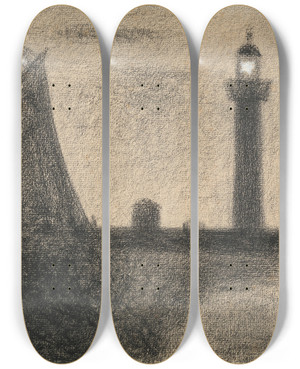 Triptych art skateboard deck of Georges Seurat The Lighthouse At Honfleur_2 by Georges Seurat (1859-1891)