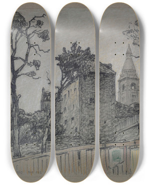 Triptych art skateboard deck of Ferdinand Boberg La Rue Des Saules_3 by Ferdinand Boberg (1860-1946)