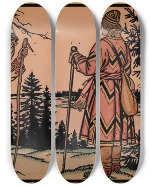 Triptych art skateboard deck of Ivan Bilibin Illustration For The Frog Princess by Ivan Bilibin (1876-1942)