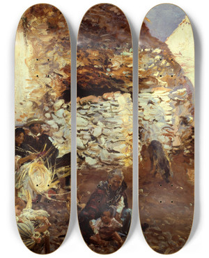 Triptych art skateboard deck of John Singer Sargent Gypsy Encampment by John Singer Sargent (1856-1925)