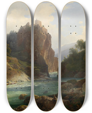 Triptych art skateboard deck of Thomas Ender Blick Auf Die Zenoburg Bei Meran by Thomas Ender (1793-1875)