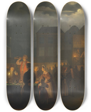 Triptych art skateboard deck of Petrus Van Schendel At The Fair by Petrus Van Schendel (1806-1870)
