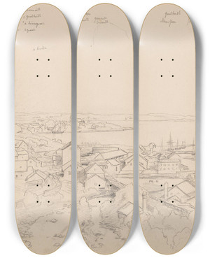 Triptych art skateboard deck of Hans Gude Utsikt Over Larvik_2 by Hans Gude (1825-1903)