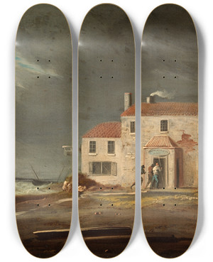 Triptych art skateboard deck of William Sadler The Younger A View Of The Inn Laytown County Meath by William Sadler the Younger (1782-1839)