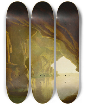 Triptych art skateboard deck of Joseph Wright Of Derby A Grotto In The Gulf Of Salerno Sunset by Joseph Wright Of Derby (1734-1797)