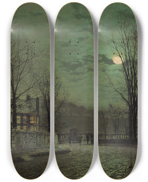 Triptych art skateboard deck of John Atkinson Grimshaw November Moonlight by John Atkinson Grimshaw (1836-1893)