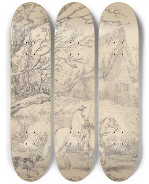 Triptych art skateboard deck of George Morland Landscape With Cottage And Figures On Horseback by George Morland (1763-1804)