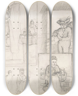 Triptych art skateboard deck of Hendrik Valkenburg Schetsen Van Kinderen Op Sinterklaasochtend Jongen En Meisje Met Een Mand by Hendrik Valkenburg (1826-1896)