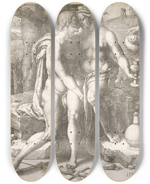 Triptych art skateboard deck of Lucas Van Leyden Lot And His Daughters_1 by Lucas Van Leyden (1494-1533)