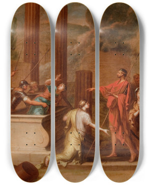 Triptych art skateboard deck of Continental School Mythological Scene Of A Tomb In A Landscape With Classical Ruins by Continental School