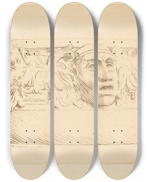 Triptych art skateboard deck of Alphonse Legros Vase With Grotesques Le Vase Aux Masques by Alphonse Legros (1837-1911)